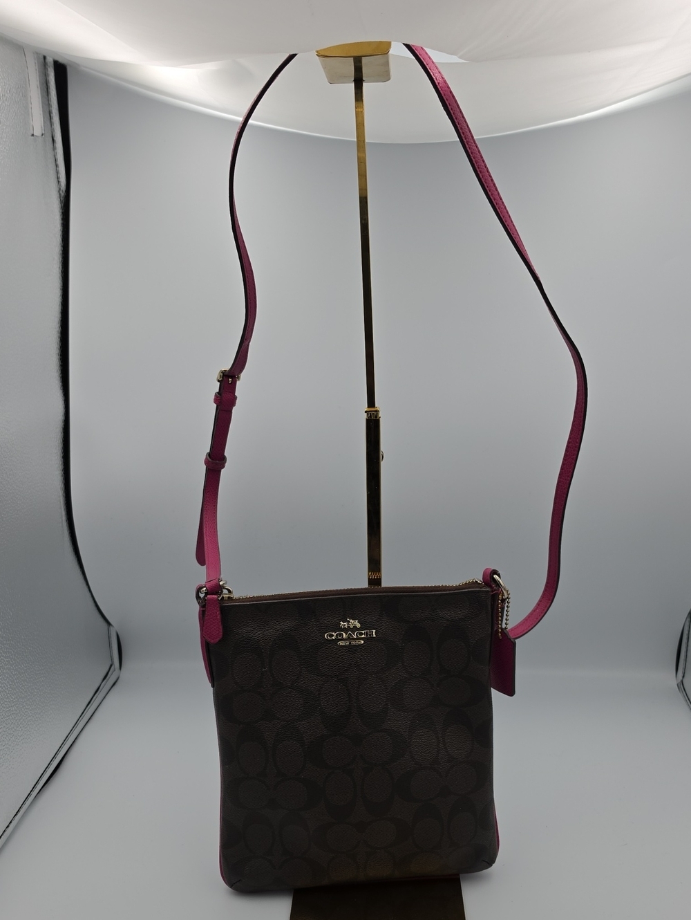 Coach Fushia Pink & Dark Brown Signature Mono Small/Med Crossbody Bag (GOOD)💕